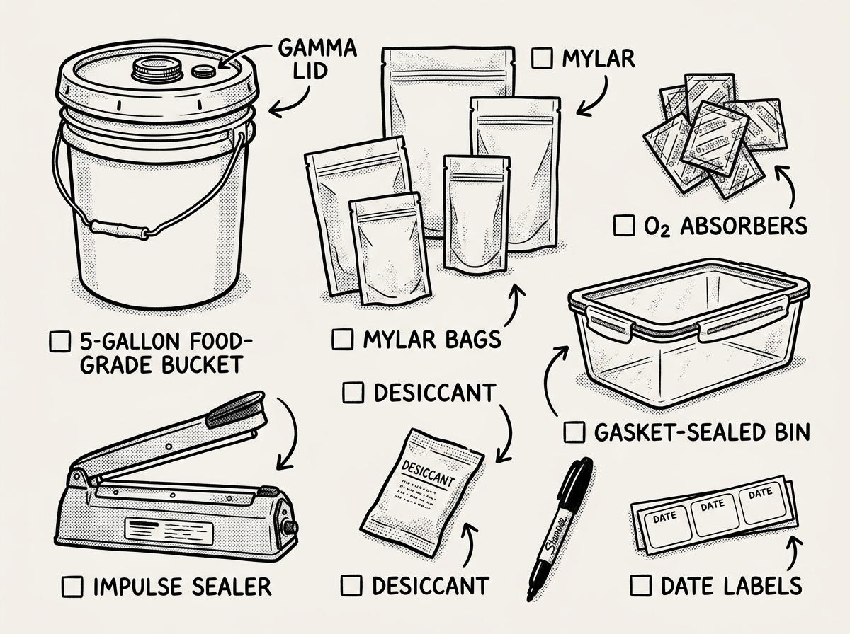 Core food storage containers and sealing supplies laid out for inspection