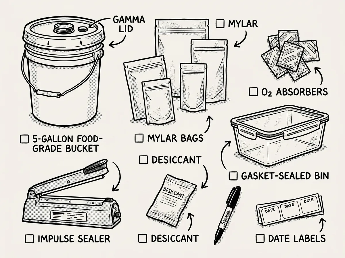 Core food storage containers and sealing supplies laid out for inspection