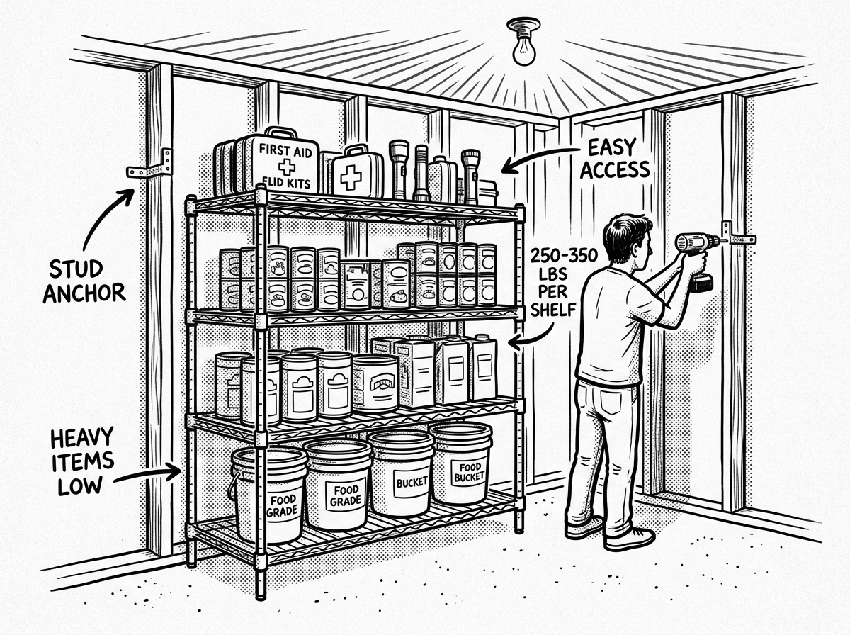 A garage wall transformed with anchored wire shelving loaded with organized supplies