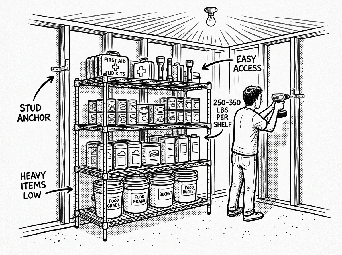 A garage wall transformed with anchored wire shelving loaded with organized supplies