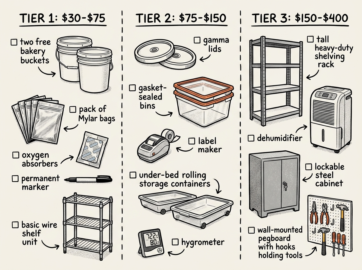 Three budget tiers of prepper storage gear from essentials to long-term upgrades
