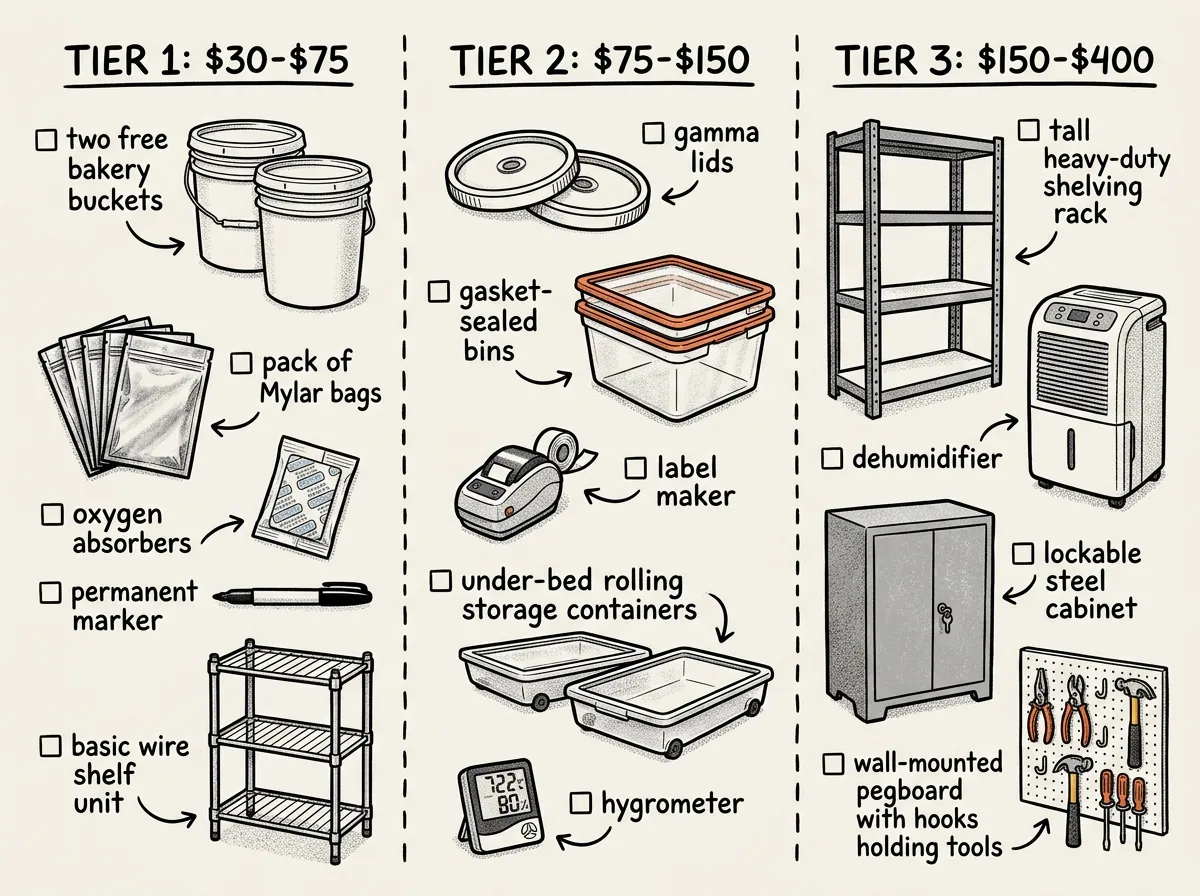 Three budget tiers of prepper storage gear from essentials to long-term upgrades
