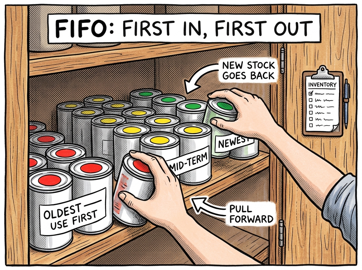 Rotating canned supplies using the first-in-first-out method with color-coded date labels