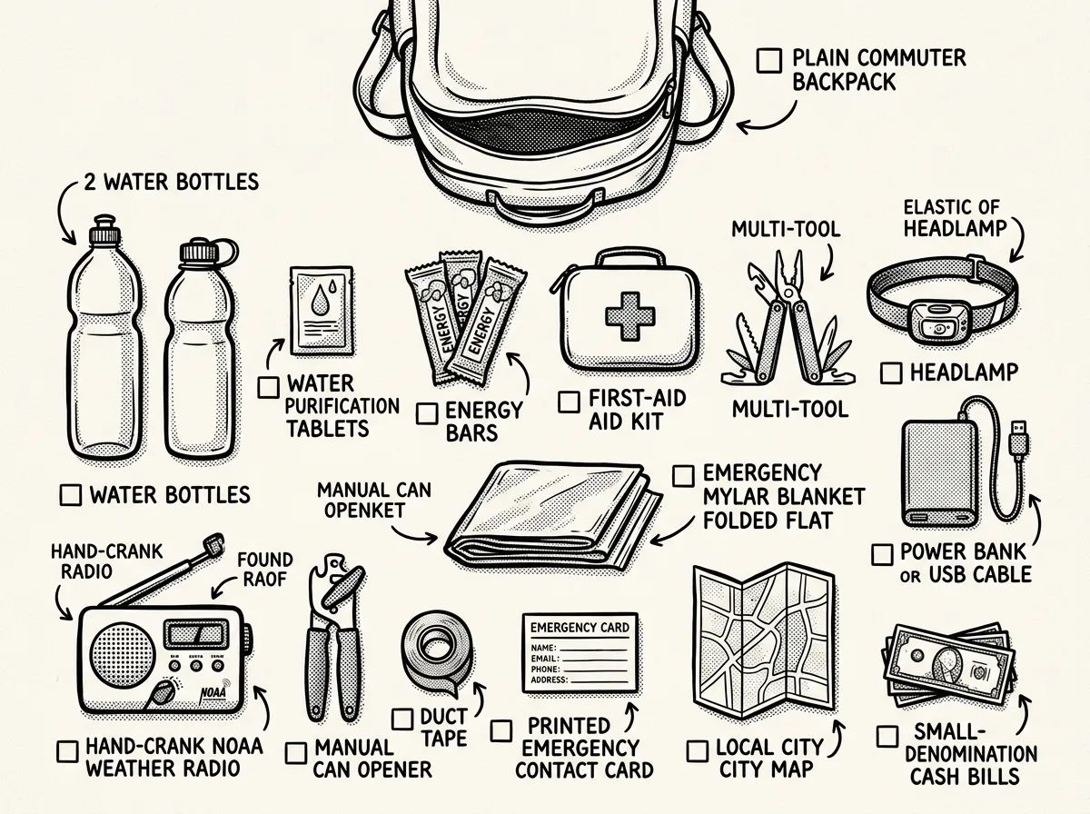 Core items for a compact 72-hour urban survival kit