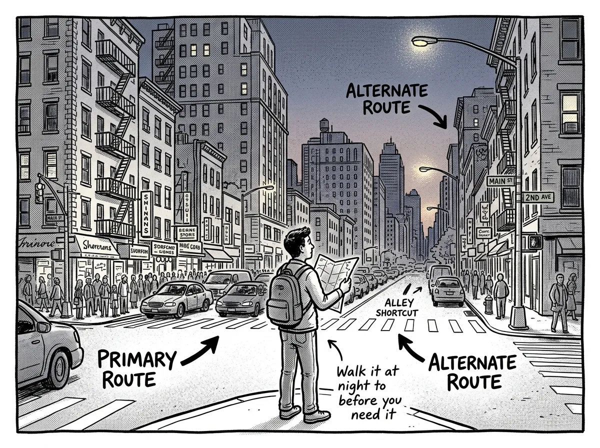 Mapping alternative walking exit routes through city streets
