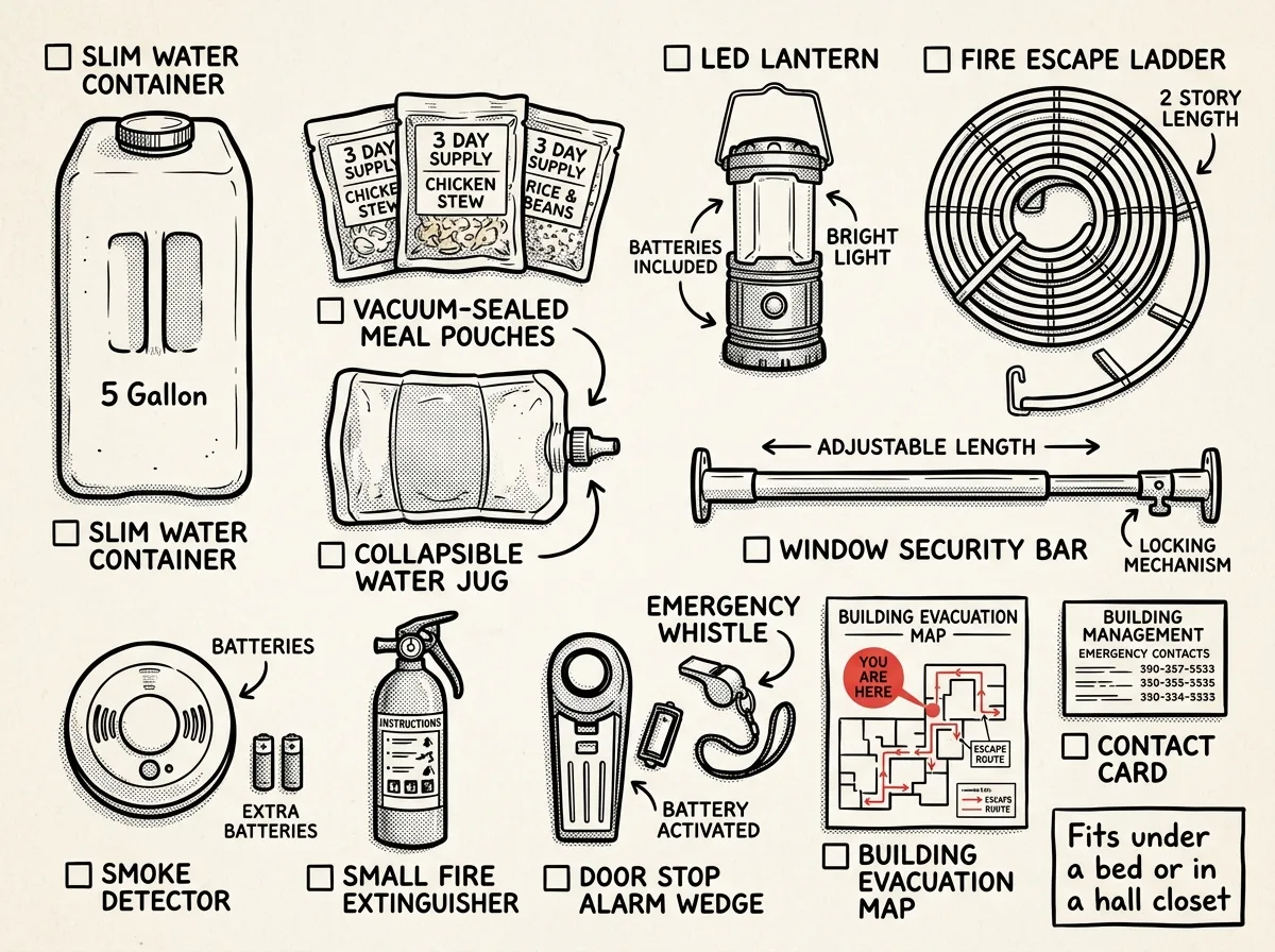 Small-space emergency supplies organized for apartment living