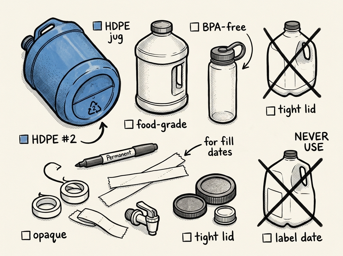 Food-grade water storage containers and labeling supplies