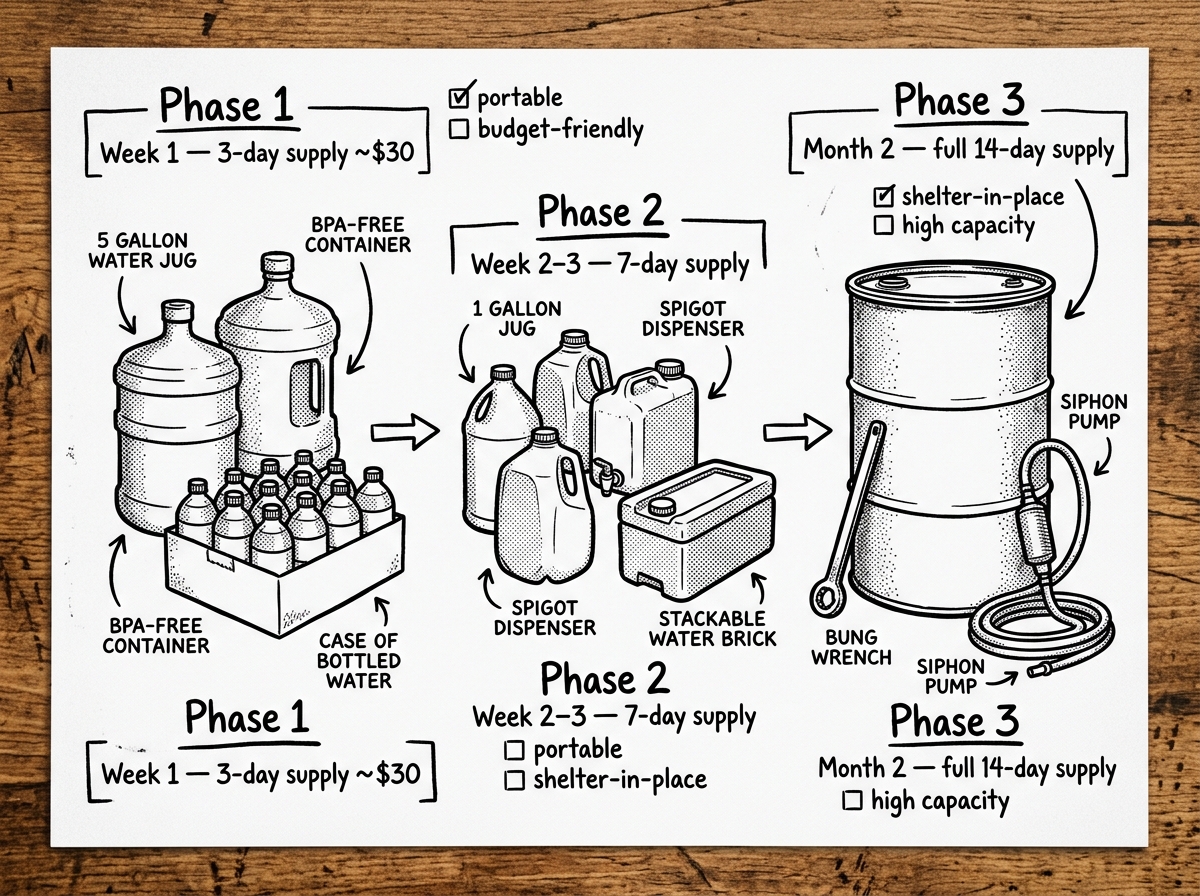 A phased 14-day water supply broken into weekly milestones