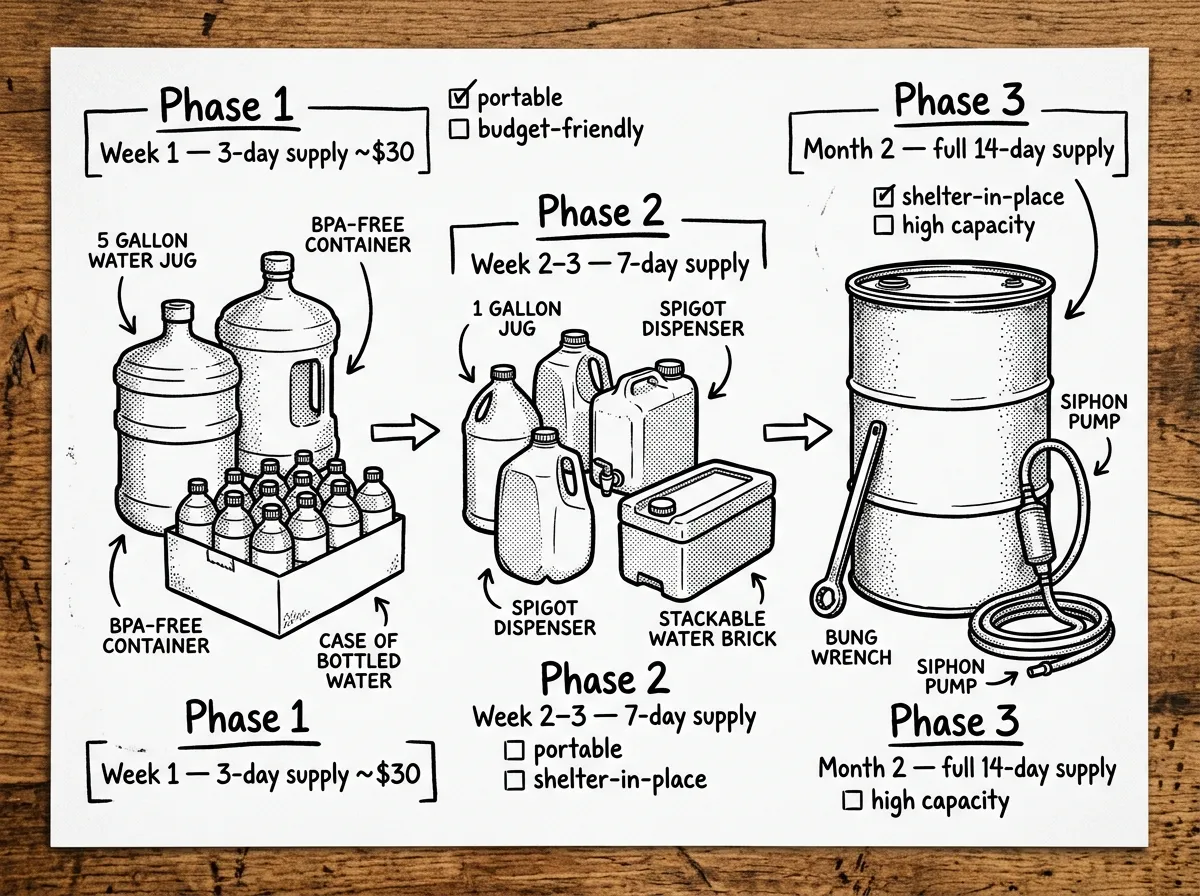 A phased 14-day water supply broken into weekly milestones
