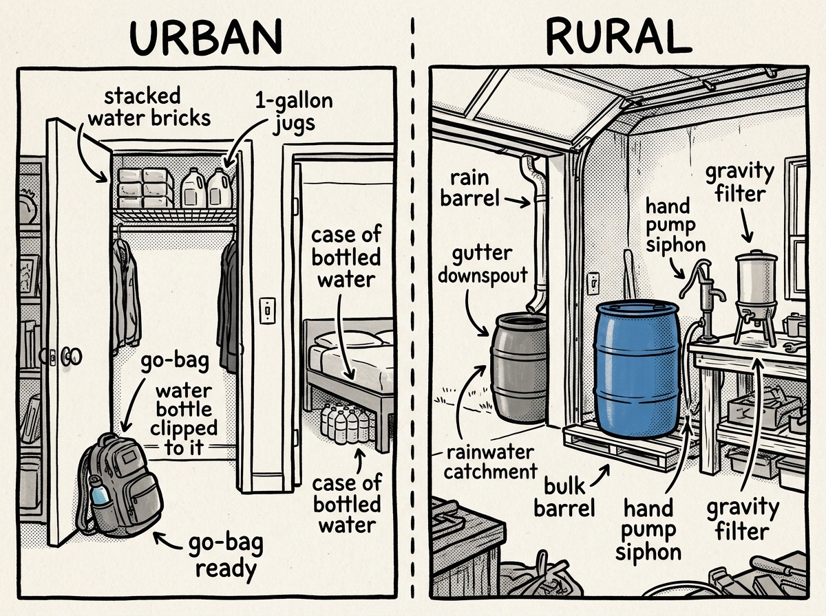 Two contrasting emergency water storage setups — apartment and rural homestead