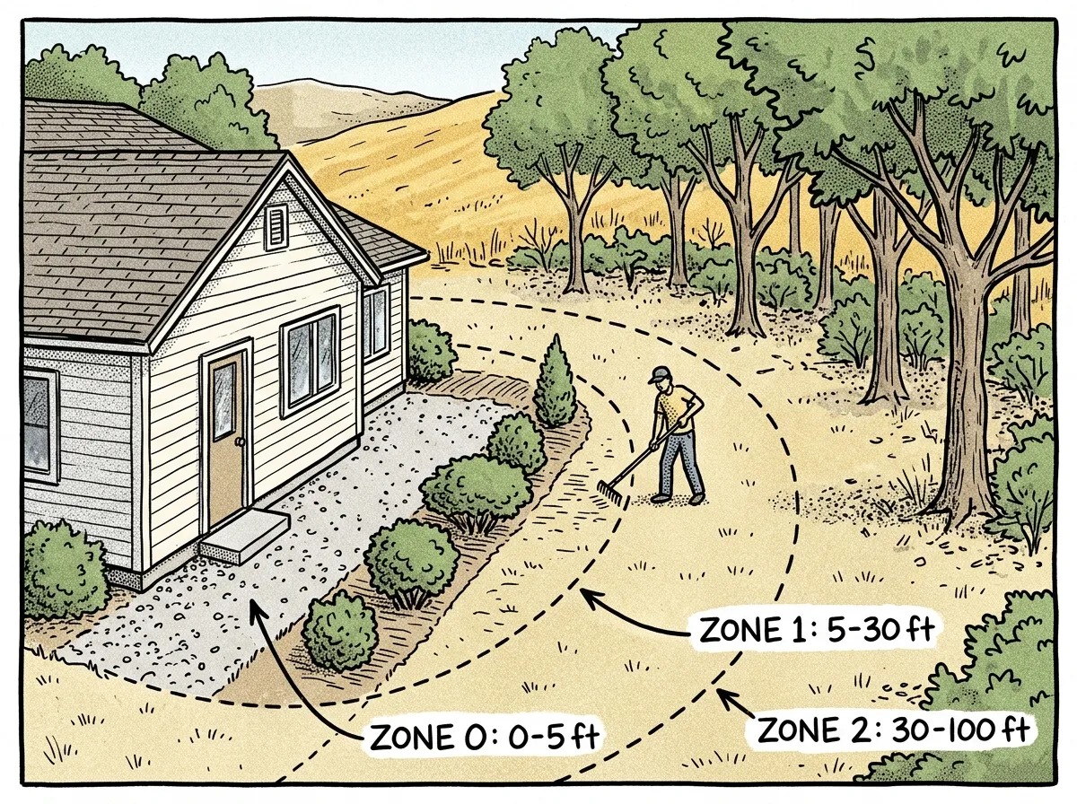 Three defensible space zones around a home, from ember-resistant to reduced fuel