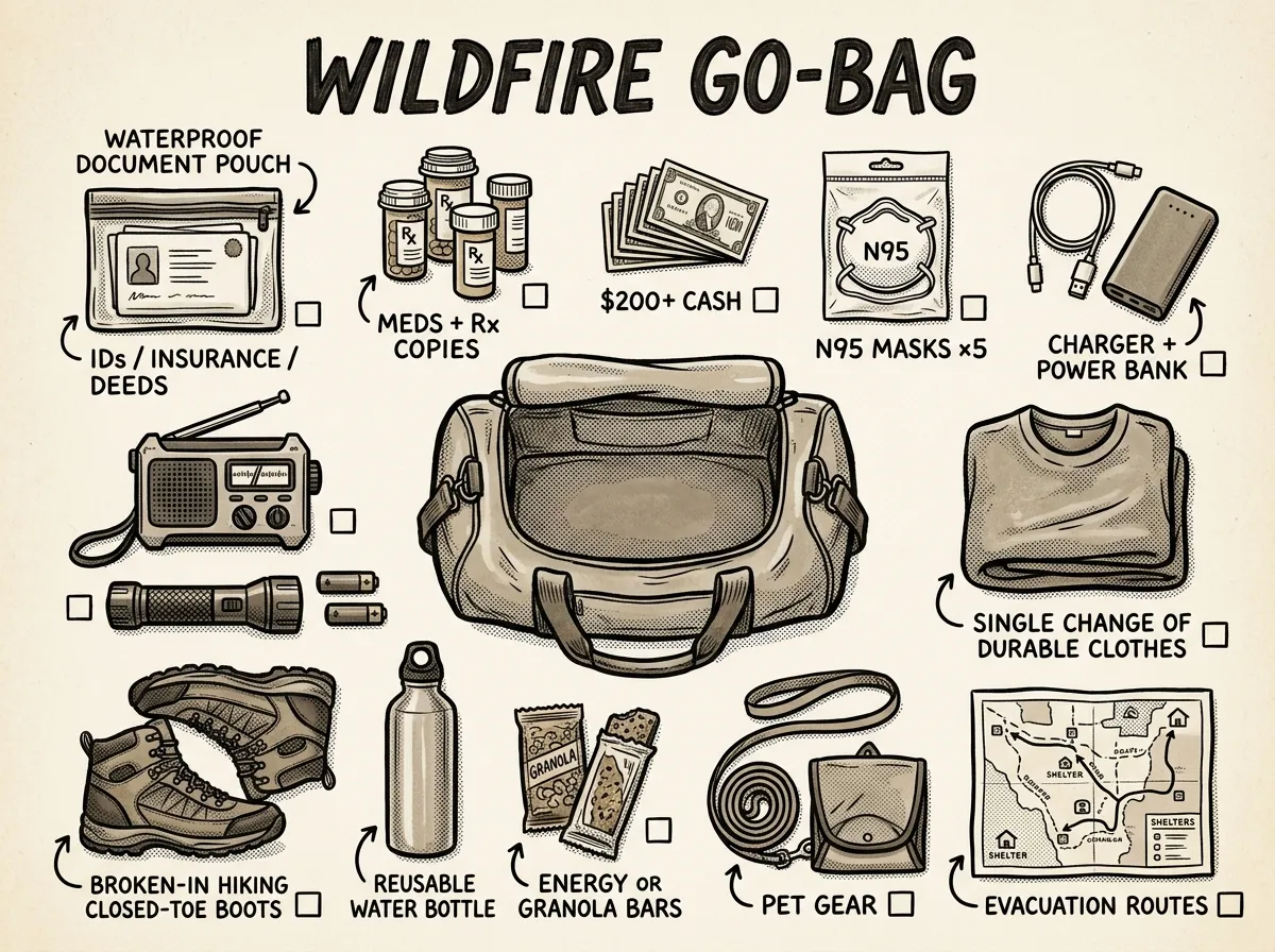 Complete wildfire go-bag contents laid out and ready to grab
