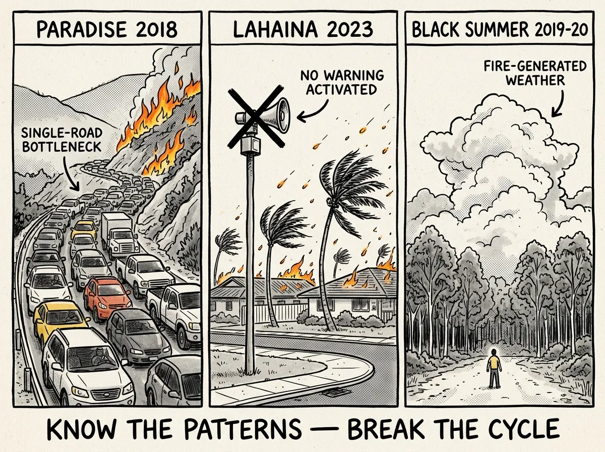 Common failure patterns from three catastrophic wildfire disasters