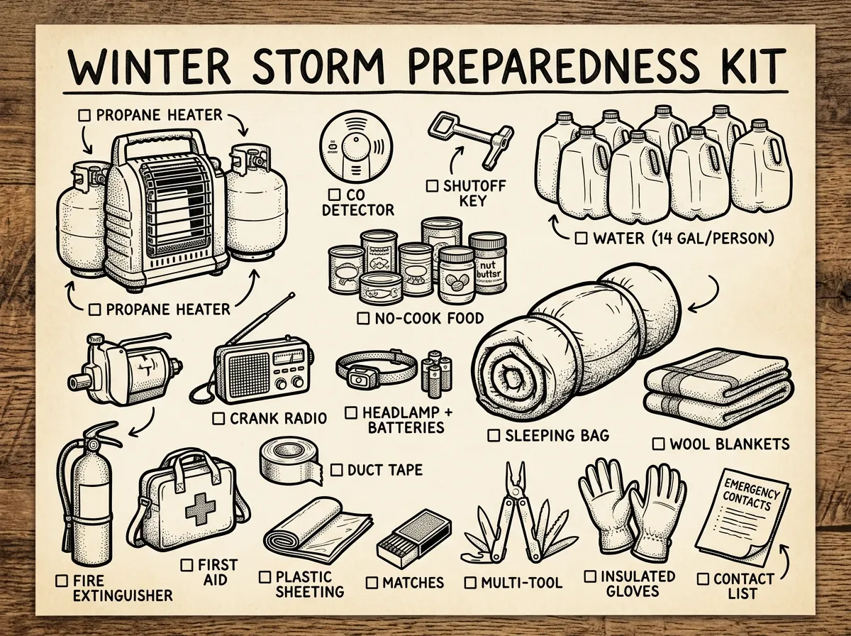 Complete winter storm survival kit laid out and ready to go
