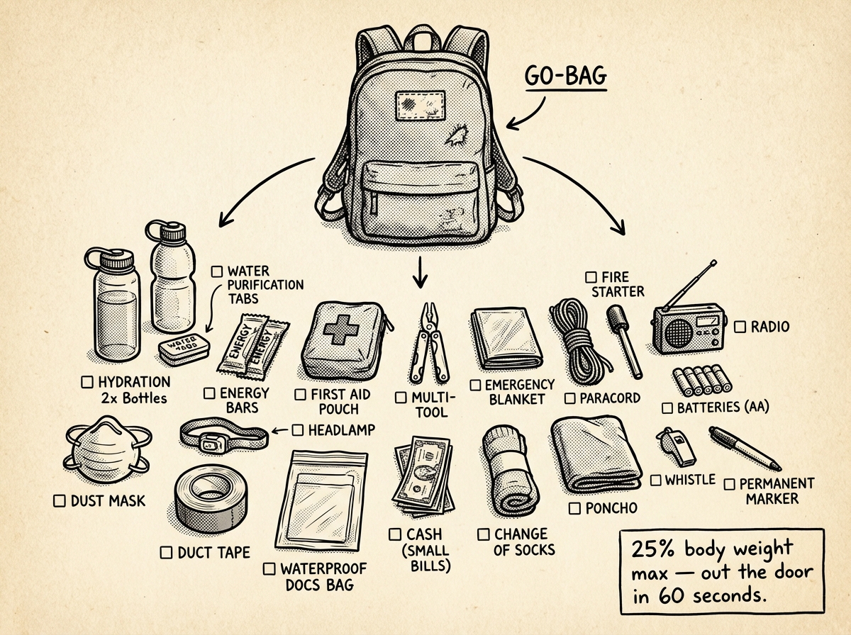 Complete 72-hour grab bag contents laid out and ready to pack