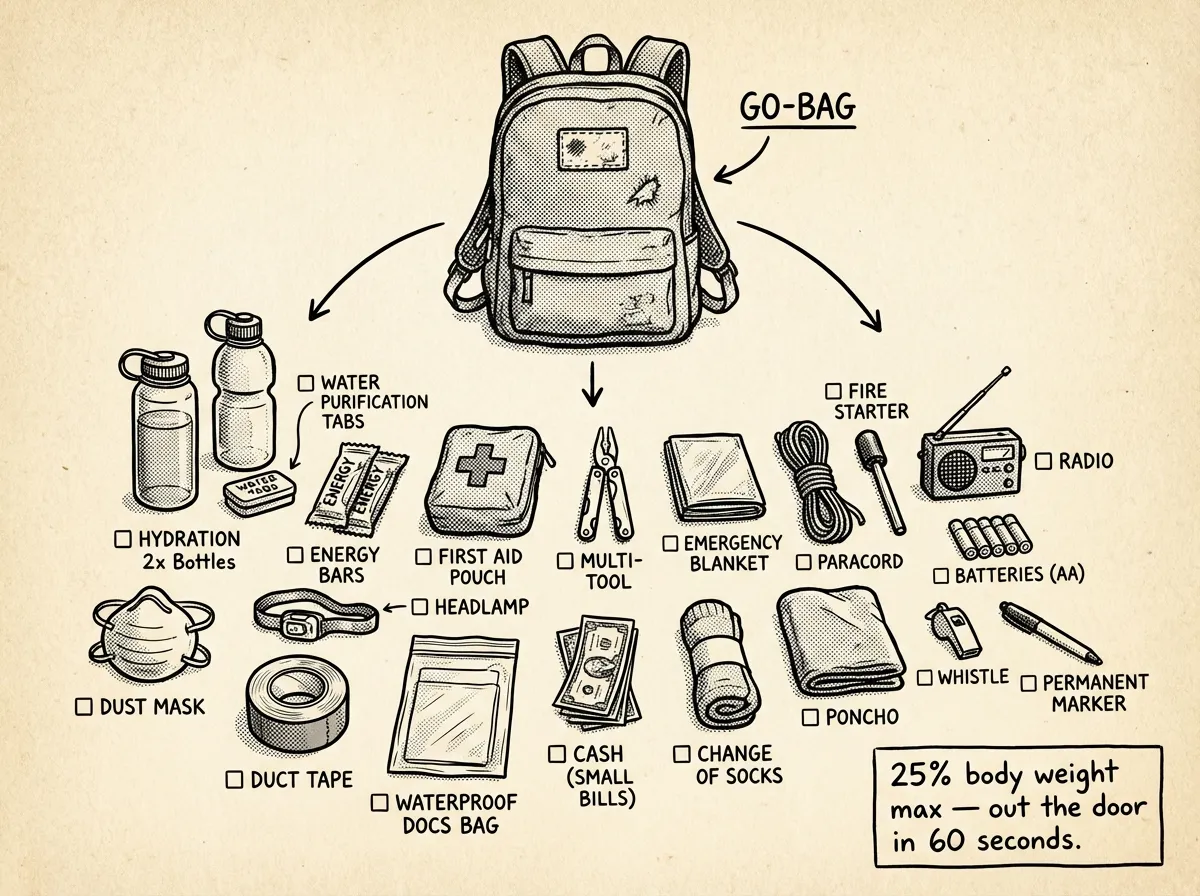Complete 72-hour grab bag contents laid out and ready to pack