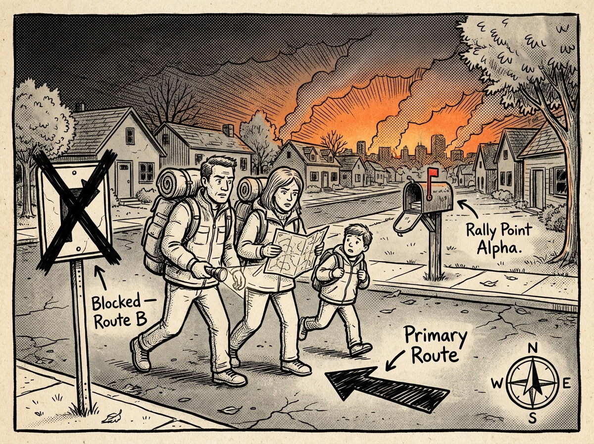 Family navigating a pre-planned evacuation route away from a disaster zone