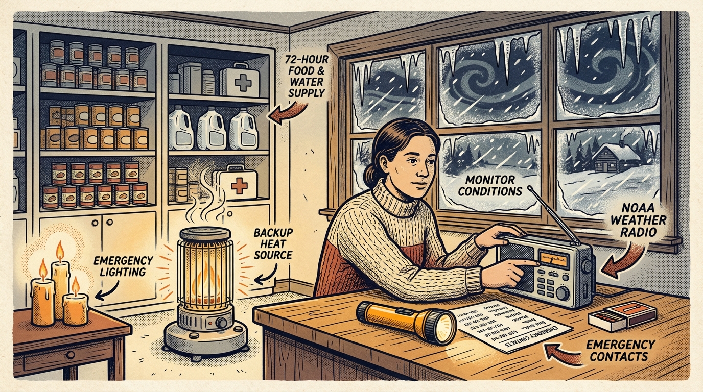 Winter storm home preparedness scene